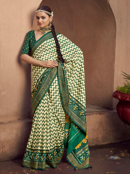 Elora - Soft Silk Ikat Printed Cream Saree With Unstitched Blouse