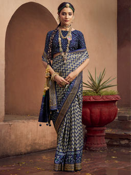 Elora - Soft Silk Ikat Printed Grey Saree With Unstitched Blouse