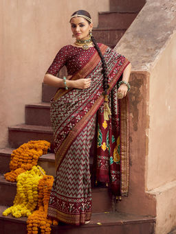 Elora - Soft Silk Ikat Printed Grey Saree With Unstitched Blouse