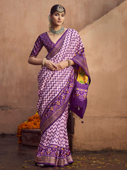 Elora - Soft Silk Ikat Printed Lavender Saree With Unstitched Blouse