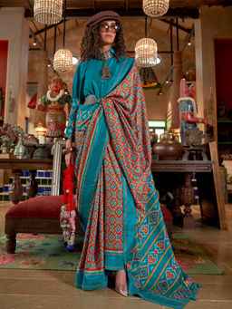 Elora - Soft Silk Ikat Geometric Print Rust Saree With Unstitched Blouse