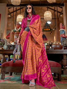 Elora - Soft Silk Ikat Geometric Print Orange Saree With Unstitched Blouse