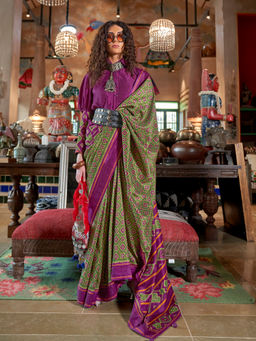 Elora - Soft Silk Ikat Geometric Print Green Saree With Unstitched Blouse