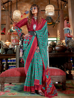 Elora - Soft Silk Ikat Geometric Print Teal Saree With Unstitched Blouse