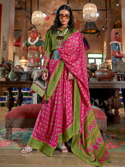 Elora - Soft Silk Ikat Geometric Print Pink Saree With Unstitched Blouse