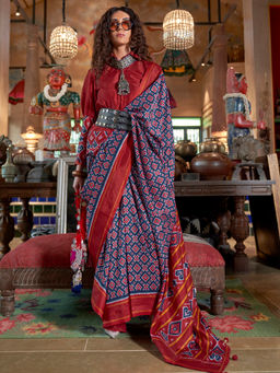 Elora - Soft Silk Ikat Geometric Print Blue Saree With Unstitched Blouse