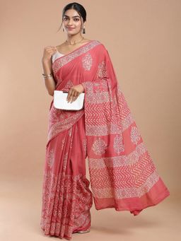 Niska - Floral Printed Pure Cotton Dabu Pink Saree With Unstitched Blouse