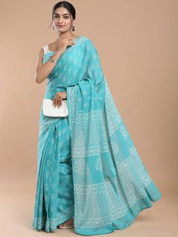 Niska - Women Floral Print Pure Cotton Dabu Teal Saree With Unstitched Blouse
