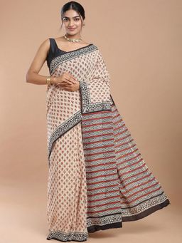 Niska - Geometric Printed Pure Cotton Bagru Beige Saree With Unstitched Blouse