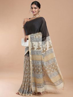 Niska - Floral Printed Pure Cotton Bagru Black Saree With Unstitched Blouse