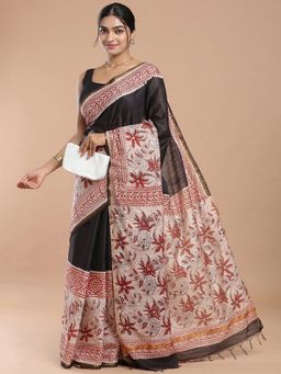 Niska - Floral Pure Cotton Bagru Black Saree With Unstitched Blouse