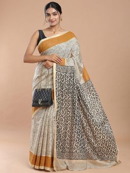 Niska - Floral Printed Pure Cotton Bagru Beige Saree With Unstitched Blouse