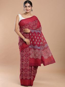 Niska - Geometric Printed Pure Cotton Dabu Red Saree With Unstitched Blouse