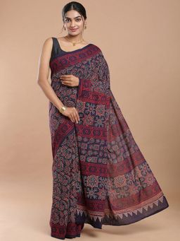 Niska - Paisley Printed Pure Cotton Chanderi Blue Saree With Unstitched Blouse