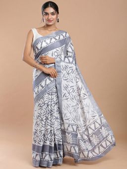 Niska - Women Floral Printed Pure Cotton Dabu White Saree With Unstitched Blouse