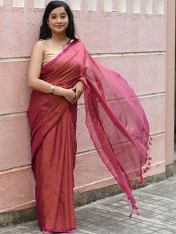 Niska - Women Solid Pure Cotton Maroon Saree With Unstitched Blouse