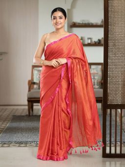 Niska - Women Solid Pure Cotton Orange Saree With Unstitched Blouse