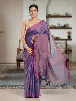 Niska - Women Solid Pure Cotton Purple Saree With Unstitched Blouse