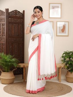 Niska - Women Solid Pure Cotton White Saree With Unstitched Blouse