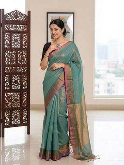Niska - Women Woven Design Tissue Tussarteal Saree With Unstitched Blouse