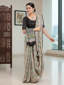Niska - Abstract Printed Pure Cotton Off White Saree With Unstitched Blouse