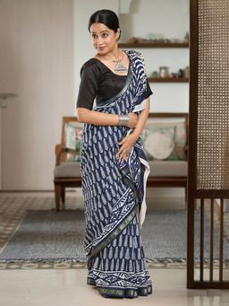 Niska - Geometric Printed Pure Cotton Chanderi Navy Blue Saree With Unstitched Blouse