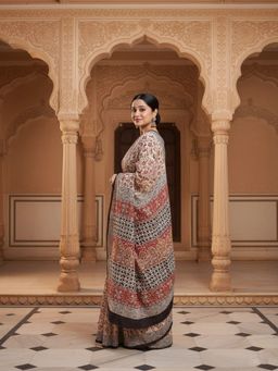 Niska - Floral Pure Cotton Handloom Cream Saree With Unstitched Blouse