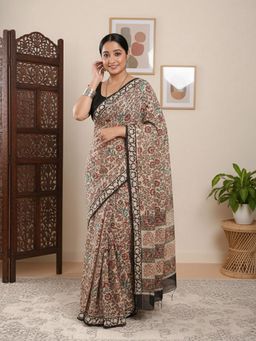 Niska - Abstract Printed Pure Cotton Cream Saree With Unstitched Blouse