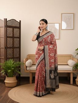 Niska - Paisley Printed Pure Cotton Chanderi Red Saree With Unstitched Blouse