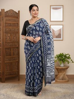 Niska - Geometric Printed Pure Cotton Chanderi Navy Blue Saree With Unstitched Blouse