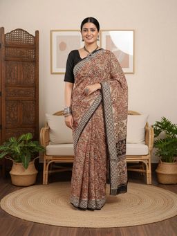 Niska - Abstract Printed Pure Cotton Beige Saree With Unstitched Blouse