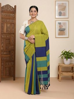 Niska - Colorblock Pure Cotton Green Saree With Unstitched Blouse