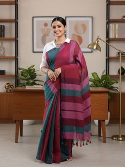 Niska - Striped Pure Cotton Pink Saree With Unstitched Blouse
