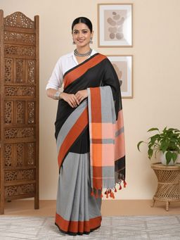 Niska - Women Colorblock Pure Cotton Grey Saree With Unstitched Blouse