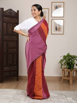 Niska - Colourblocked Pure Cotton Brown Saree With Unstitched Blouse