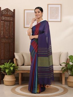 Niska - Colourblocked Pure Cotton Blue Saree With Unstitched Blouse