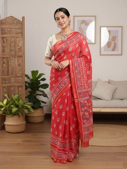 Niska - Floral Print Woven Design Pure Cotton Bagru Red Saree With Unstitched Blouse