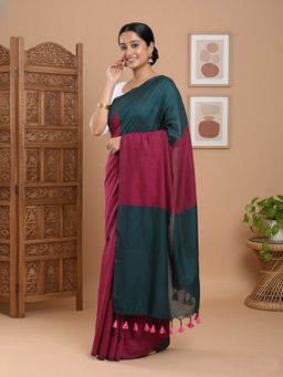 Niska - Colourblocked Pure Cotton Maroon Saree With Unstitched Blouse