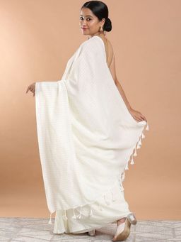 Niska - Striped Pure Cotton Khadi Off White Saree With Unstitched Blouse