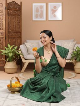 Niska - Striped Woven Design Pure Cotton Khadi Green Saree With Unstitched Blouse