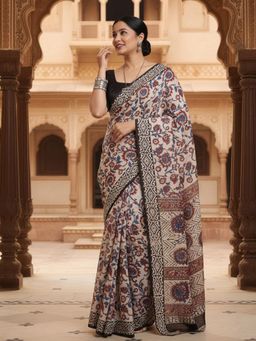 Niska - Floral Printed Pure Cotton Cream Saree With Unstitched Blouse