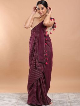Niska - Striped Pure Cotton Khadi Maroon Saree With Unstitched Blouse