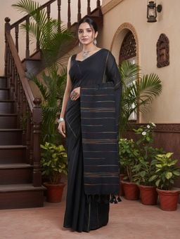 Niska - Striped Pure Cotton Black Saree With Unstitched Blouse