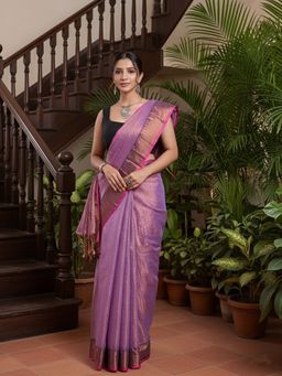 Niska - Woven Design Zari Pure Cotton Purple Saree With Unstitched Blouse