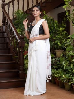 Niska - Striped Pure Cotton White Saree With Unstitched Blouse