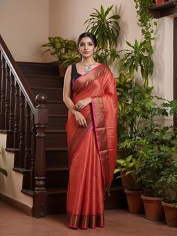 Niska - Woven Design Cotton Silk Orange Saree With Unstitched Blouse