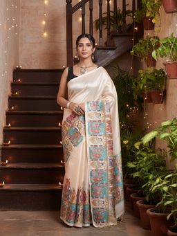 Niska - Striped Pure Cotton Off White Saree With Unstitched Blouse