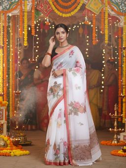Niska - Floral Printed Zari White Saree With Unstitched Blouse