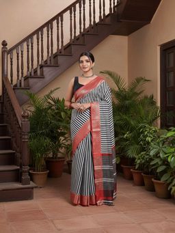 Niska - Striped Printed Zari Black Saree With Unstitched Blouse