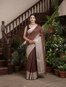 Niska - Woven Design Poly Georgette Brown Saree With Unstitched Blouse